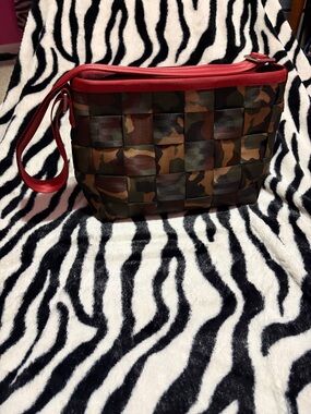 Camouflage Woven Toiletry Case with Red Trim and Strap